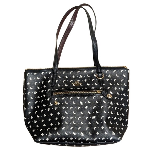 Coach Black Butterfly Logo Print Tote Bag Purse Zip Top Satchel Like New Leather - Picture 1 of 8